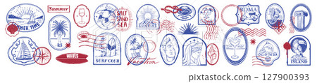Summer travel postage stamp set, vector hand drawn engraving exotic tropical print, ocean typography 127900393