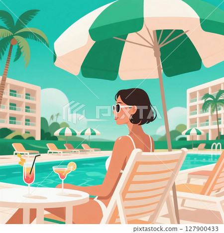 夏季，一位身穿白色比基尼的女子在度假酒店泳池享受假期的插圖 127900433
