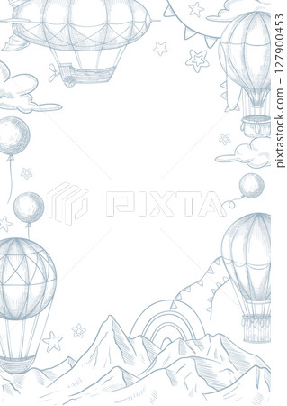 Vertical vector frame with airships, mountains, garlands, and clouds in engraved style. Linear drawing with hot air balloons for nursery cards or posters. Art for baby shower greetings and invitations 127900453