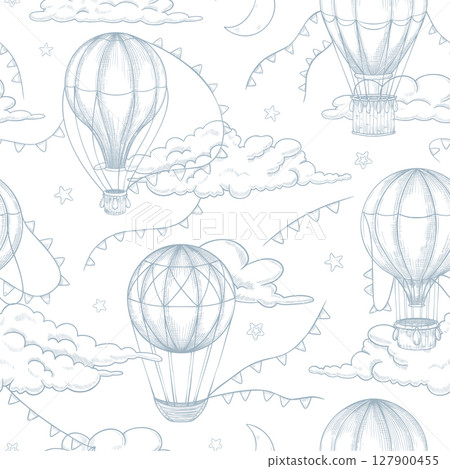 Seamless vector Pattern with hand drawn aerostats and clouds in linear style. Outline drawing of background with hot air Balloons for nursery wallpaper or childish textile design. Etched illustration. 127900455