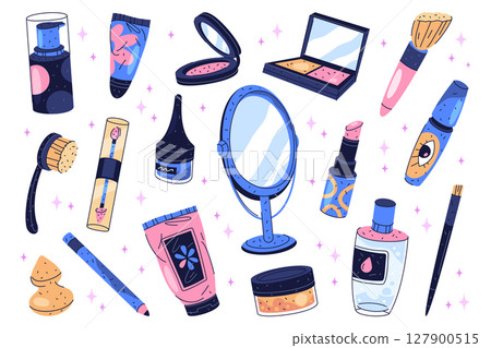 Set of cosmetic and makeup icon. Vector visage or face professional accessory for woman fashion. Beauty and facial skincare kit item. Lipstick and eyeliner, mascara, powder, mirror, bronzer, lipstick. 127900515