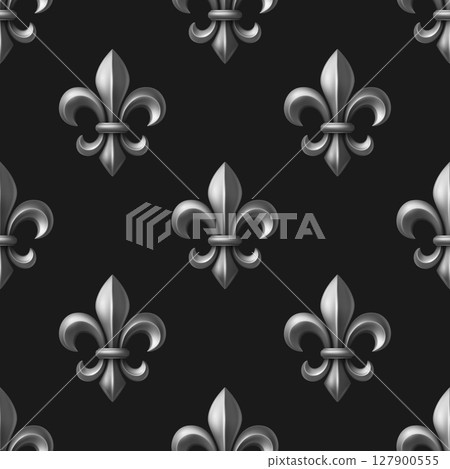 Vector Luxury Seamless Pattern with 3d Silver Fleur-de-Lis on Black Background. Metal Royal Heraldic Symbol. Fleur-de-Lis Wallpaper, Fabric, Digital Paper. Vintage French Ornament 127900555