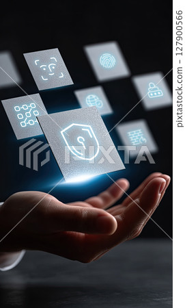 Hand hovers beneath floating digital security icons, symbolizing protection and cybersecurity technology services 127900566