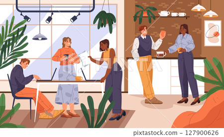Office interior on work day. Vector coworker day. People at job planning and coffee break. Employee meeting and brainstorming, communication and discussion. Corporate teamwork. Company poster. 127900626
