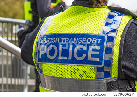 Close Up of British Transport Police Officer High Vis Vest 127900627