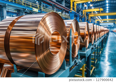 Large industrial plant showing numerous shiny copper coils lined up in a row, awaiting the next stage of processing Large industrial plant showing numerous shiny copper coils lined up in a row, awaiting the next stage of processing 127900642
