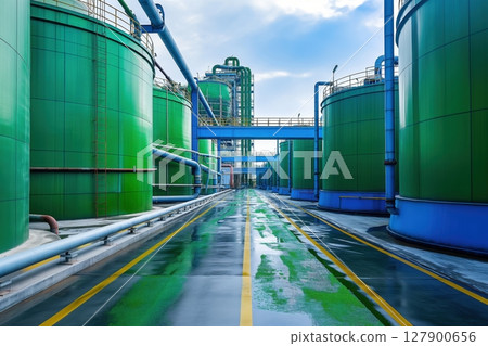Modern industrial facility with green storage tanks and complex pipe systems for processing and production Modern industrial facility with green storage tanks and complex pipe systems for processing and production 127900656