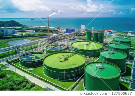 Aerial view of a modern petrochemical plant using algae for biofuel production 127900657