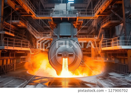 Giant industrial bucket pouring molten steel in a steel mill at high temperature 127900702
