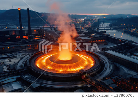 Steel mill is pouring molten metal into a circular mold, creating a mesmerizing display of fire and smoke against the backdrop of a city at dusk 127900703