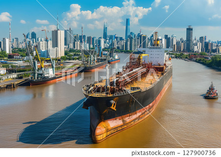 Giant oil tanker docked at an industrial port, undergoing loading or unloading operations, with a bustling city skyline in the background 127900736
