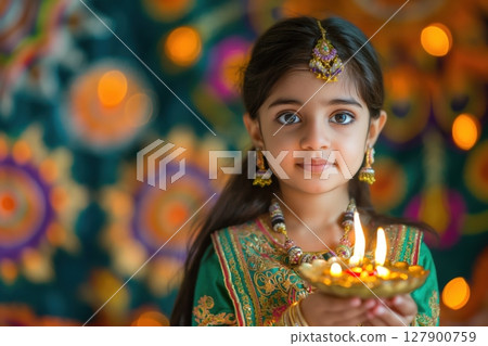 Young girl wearing a traditional indian dress, holding a diya oil lamp during the diwali festival 127900759