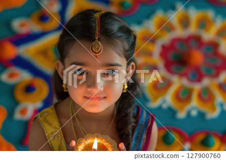 Young girl wearing traditional indian clothing holding a lit diya oil lamp celebrating diwali festival 127900760