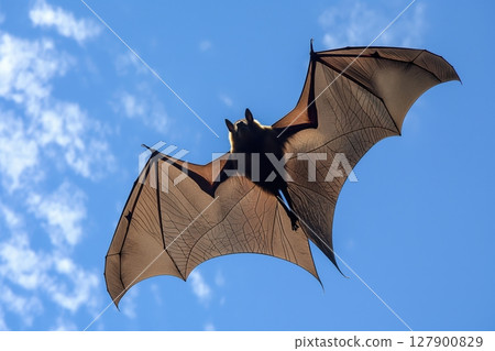 Large fruit bat is soaring through a bright blue sky with its delicate wings fully extended 127900829