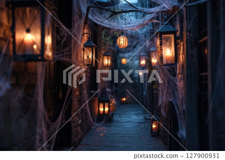 Lanterns illuminating a narrow alley decorated with cobwebs for a spooky halloween party Lanterns illuminating a narrow alley decorated with cobwebs for a spooky halloween party 127900931
