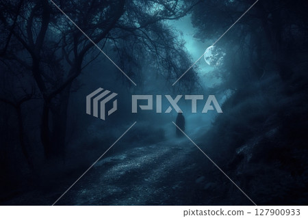Mysterious figure is walking on a path in a dark forest illuminated by the moonlight, creating a spooky and eerie atmosphere Mysterious figure is walking on a path in a dark forest illuminated by the moonlight, creating a spooky and eerie atmosphere 127900933