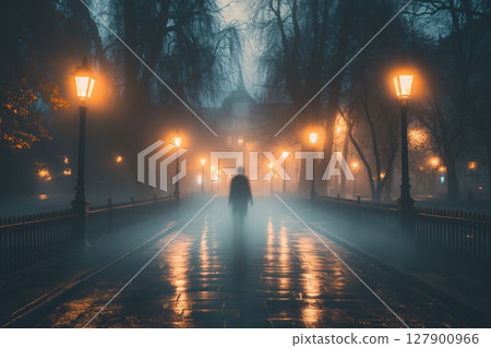 Lonely man is walking in a foggy park at night, with the streetlights creating a spooky atmosphere 127900966