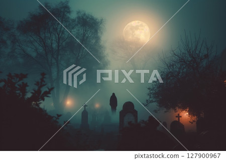 Lone figure is standing in a foggy cemetery at night, illuminated by the light of a full moon 127900967