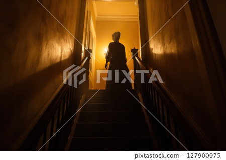 Woman in a long dress walks gracefully up creaky stairs in a spooky old house, creating a mysterious and eerie atmosphere perfect for halloween or a thrilling ghost story 127900975
