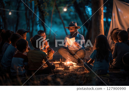 Teacher is reading a story to a group of children sitting around a campfire at night in the woods 127900990