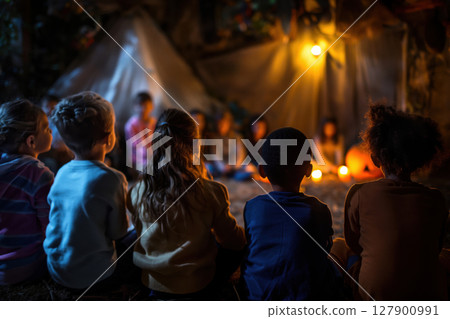 Group of elementary school students sitting together at night and listening attentively to their teacher telling stories 127900991