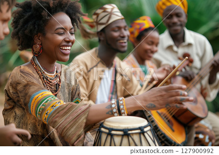 Group of musicians smiling and playing traditional african instruments and singing 127900992
