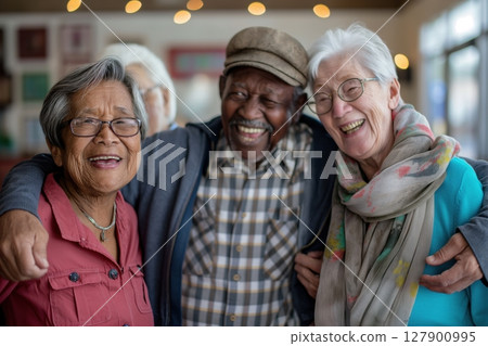 Group of multiethnic senior friends is smiling and having a good time together at the retirement home 127900995
