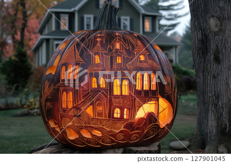 Large, intricately carved pumpkin illuminated from within, showcasing a spooky haunted house scene for the halloween season 127901045