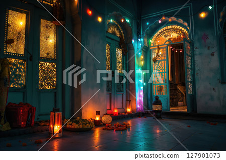 Traditional indian home is glowing at night, decorated with lights and flowers for a celebration 127901073