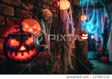 Glowing pumpkins and skulls set a spooky halloween atmosphere with orange and black lights, cobwebs, and spiderwebs for a festive party photo booth 127901110