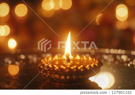 Traditional indian diwali diya oil lamp burning brightly with a warm bokeh lights background, creating a festive and spiritual atmosphere 127901182