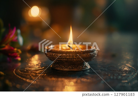 Beautifully carved diya is shining brightly, illuminating the ornate table setting for the diwali celebration 127901183