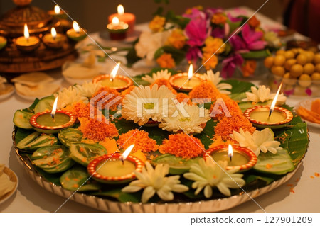 Diwali festival thali decorated with colorful flowers and burning diyas on a blurred background Diwali festival thali decorated with colorful flowers and burning diyas on a blurred background 127901209