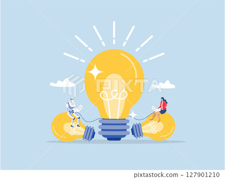 businesswoman and robot working with computer laptop on bright light bulb idea.creative idea to solve work problem, success discover new innovation concept,smart Artificial Intelligence 127901210