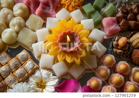 Burning candle is surrounded by a variety of colorful indian sweets and flowers, creating a festive and celebratory atmosphere Burning candle is surrounded by a variety of colorful indian sweets and flowers, creating a festive and celebratory atmosphere 127901259