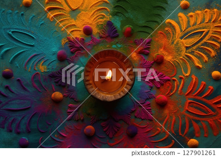 Clay diya with a burning flame, illuminating a vibrant and intricate rangoli pattern created with colorful powders, celebrating the festival of diwali 127901261