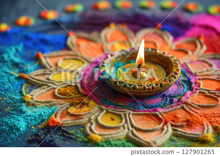 Traditional diya oil lamp burning on a vibrant and colorful rangoli design, celebrating the hindu festival of diwali 127901265
