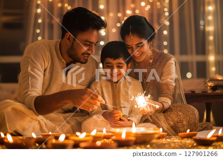Indian family wearing traditional clothing, sitting together in their home and lighting diyas to celebrate diwali Indian family wearing traditional clothing, sitting together in their home and lighting diyas to celebrate diwali 127901266