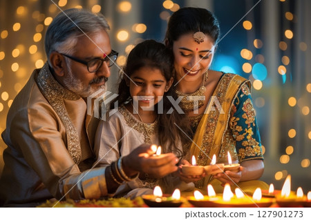 Indian family wearing traditional clothes celebrating diwali festival by lighting clay lamps together at home Indian family wearing traditional clothes celebrating diwali festival by lighting clay lamps together at home 127901273