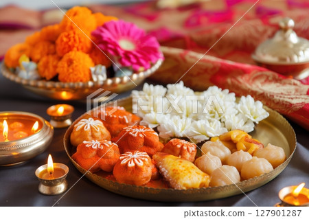 Golden plate holding a festive arrangement of traditional indian sweets and flowers celebrating diwali 127901287
