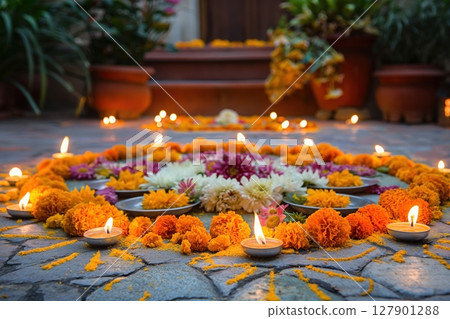 Beautiful rangoli decoration with burning candles and flowers is lying on a stone floor Beautiful rangoli decoration with burning candles and flowers is lying on a stone floor 127901288