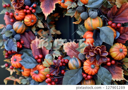 Festive autumn wreath with pumpkins, berries, and colorful leaves hanging on a door 127901289