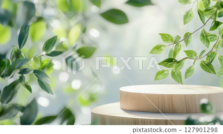 wooden podium is beautifully displayed amidst lush summer backdrop of green leaves and soft sunlight, creating serene and natural atmosphere. wooden podium is beautifully displayed amidst lush summer backdrop of green leaves and soft sunlight, creating serene and natural atmosphere. 127901298