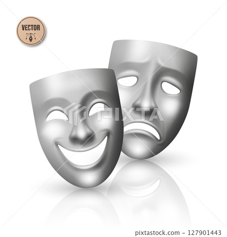 Vector Realistic Theater Mask Set. Comedy and Tragedy Masks. Classic Theater Mask for Stage Design, Greek Drama, Acting, Performing Arts. Theater Mask, Isolated 127901443