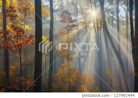 Sun rays shining through a misty forest in autumn, creating a magical atmosphere 127901444