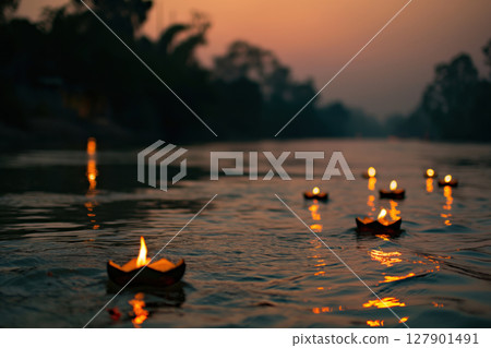 Several floating paper lanterns creating a magical atmosphere on a river at sunset 127901491