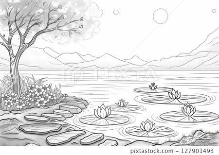 Black and white illustration of a serene landscape featuring a lake with water lilies, a stone path, and a tree in bloom 127901493