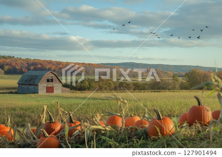 Pumpkins growing in a field with a barn and flock of birds flying overhead in autumn Pumpkins growing in a field with a barn and flock of birds flying overhead in autumn 127901494