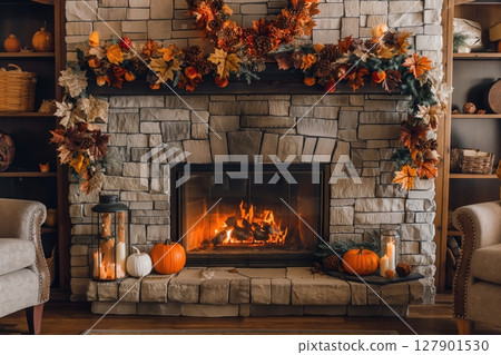 Warm fireplace decorated for autumn with pumpkins, candles burning, and fall leaves, creating a cozy atmosphere 127901530