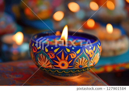 Burning colorful diya with a beautiful bokeh background celebrating diwali, the festival of lights Burning colorful diya with a beautiful bokeh background celebrating diwali, the festival of lights 127901584
